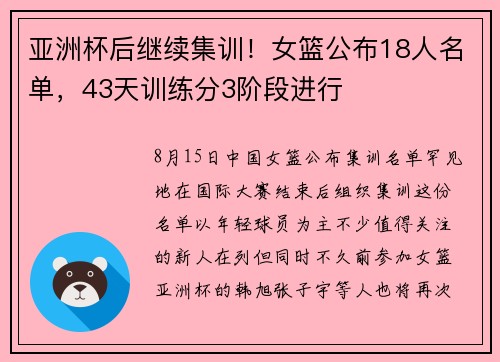 亚洲杯后继续集训！女篮公布18人名单，43天训练分3阶段进行